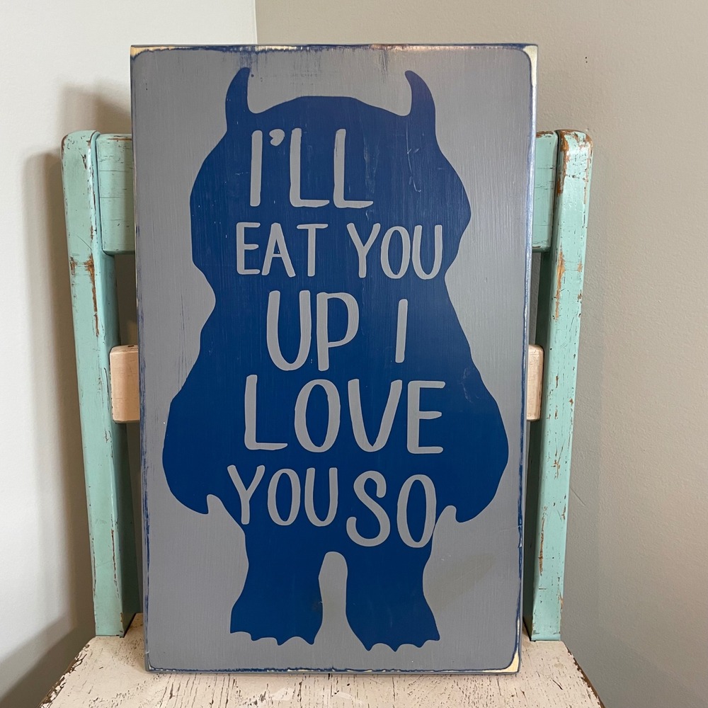 Where the Wild Things Are Monster Wood Wall Art‎ Sign Blue Nursery Decor 18x11